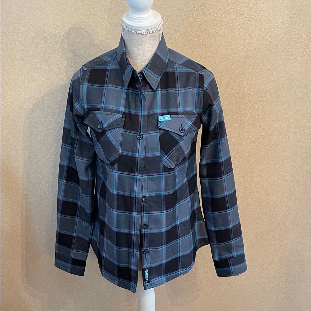 DIXXON Resilience Women’s Teal and Black Plaid Button Down Shirt, size small